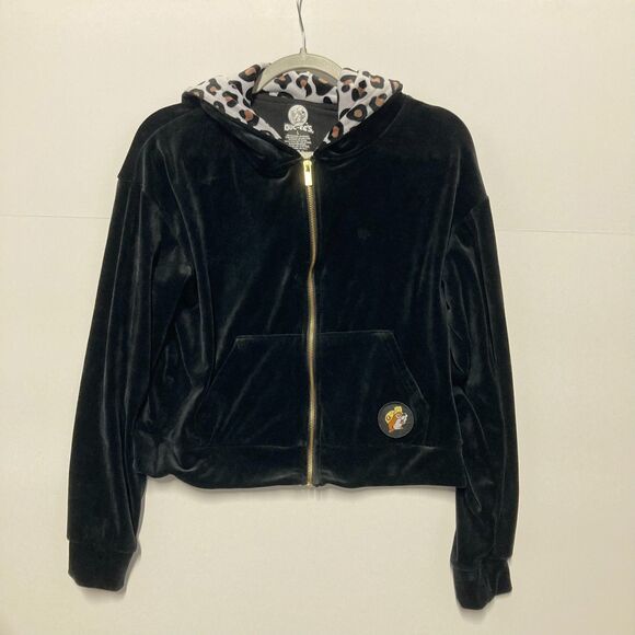 Buc-ees Black Velour Hooded Jacket Women's Large Full Zip Leopard Print Logo - Picture 1 of 7